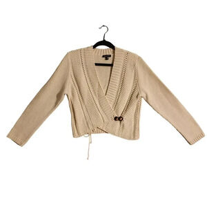 New Belamie Cream Wool Cropped Chunky Sweater Front Button Long Sleeve Large